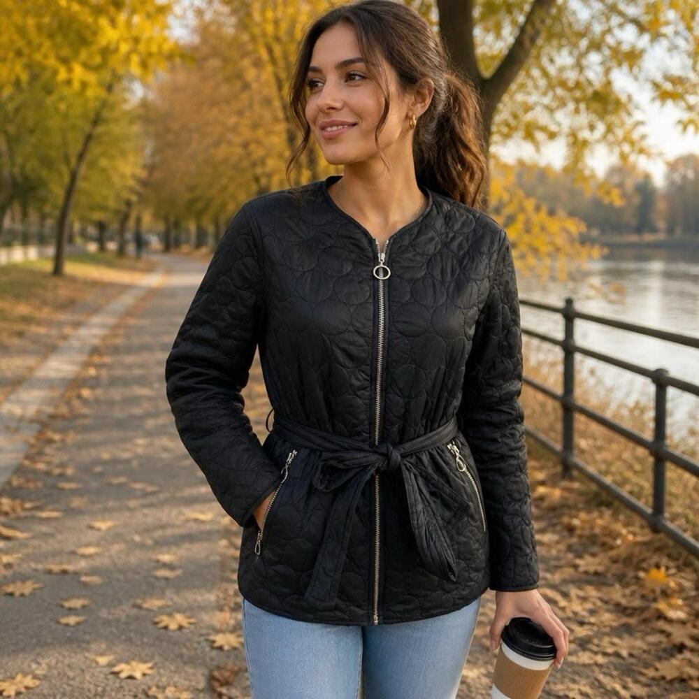 Ann Taylor MP Navy Blue Collarless Quilted Nylon Belted Coat Jacket Lightweight